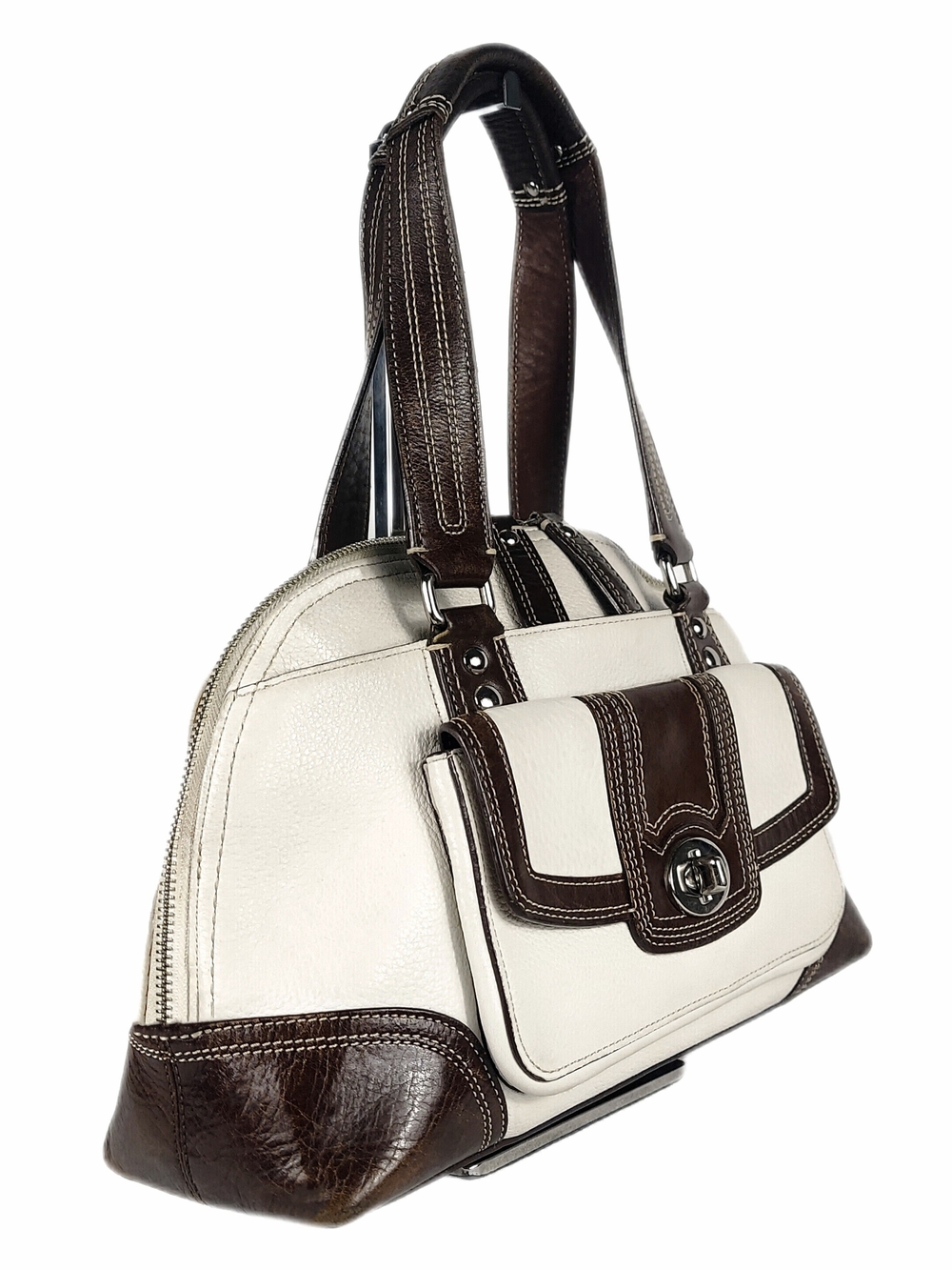COACH VINTAGE Y2K HAMPTON BROWN & OFF WHITE PEBBLED LEATHER DOME SATCHEL - Picture 2 of 5